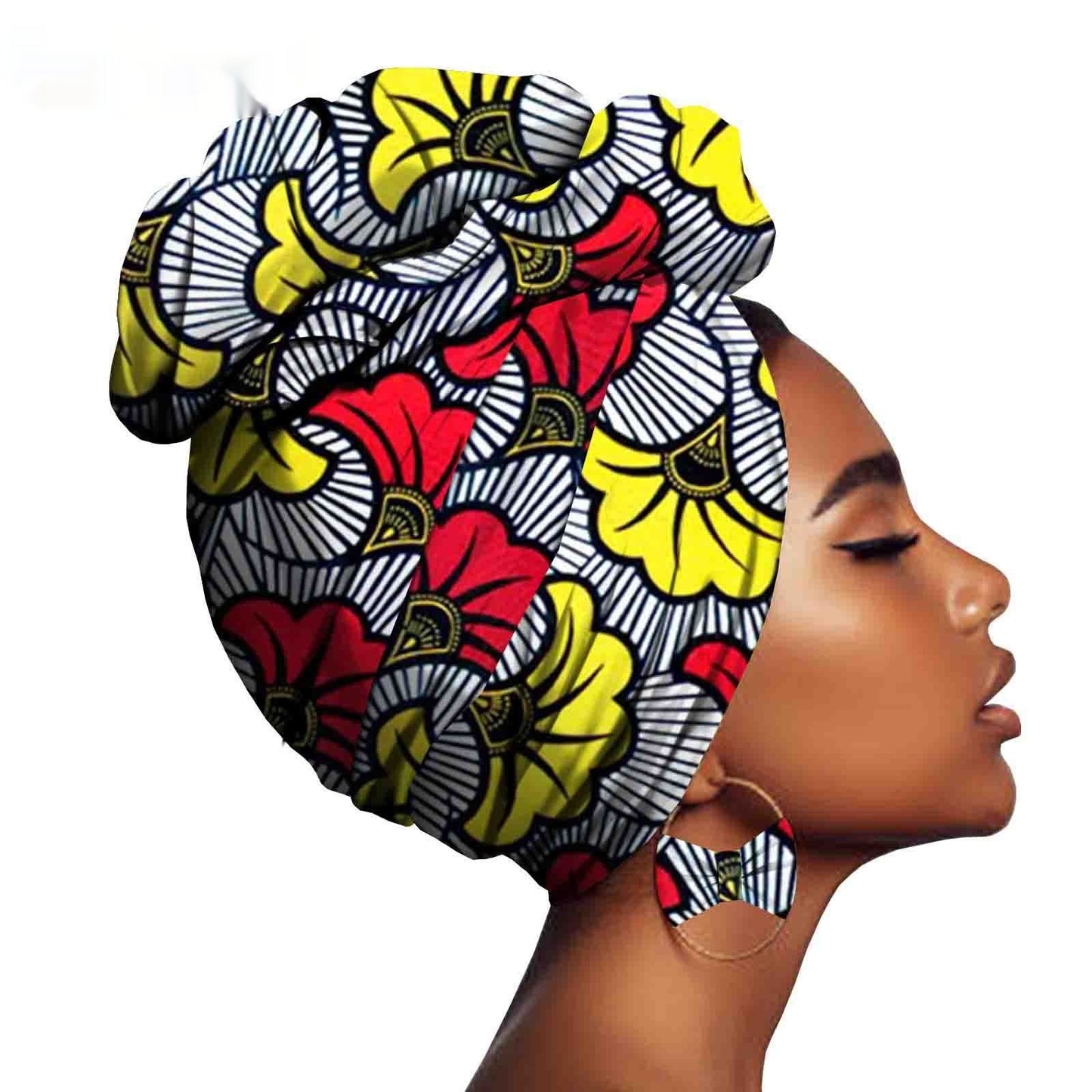 African Printed Batik Headscarf with Exaggerated Earrings