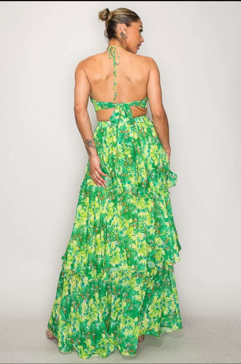 Elizabeth Green Floral Layered Resort Maxi Dress Summer