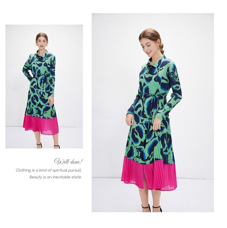 Green Floral Print Maxi Pleated Dress