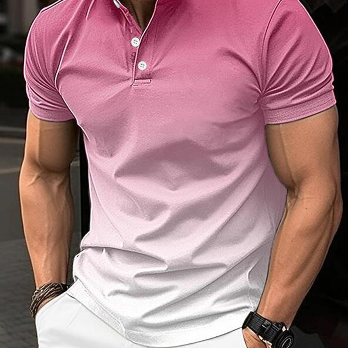 Men Stand Collar Gradient Casual Golf Short Sleeve