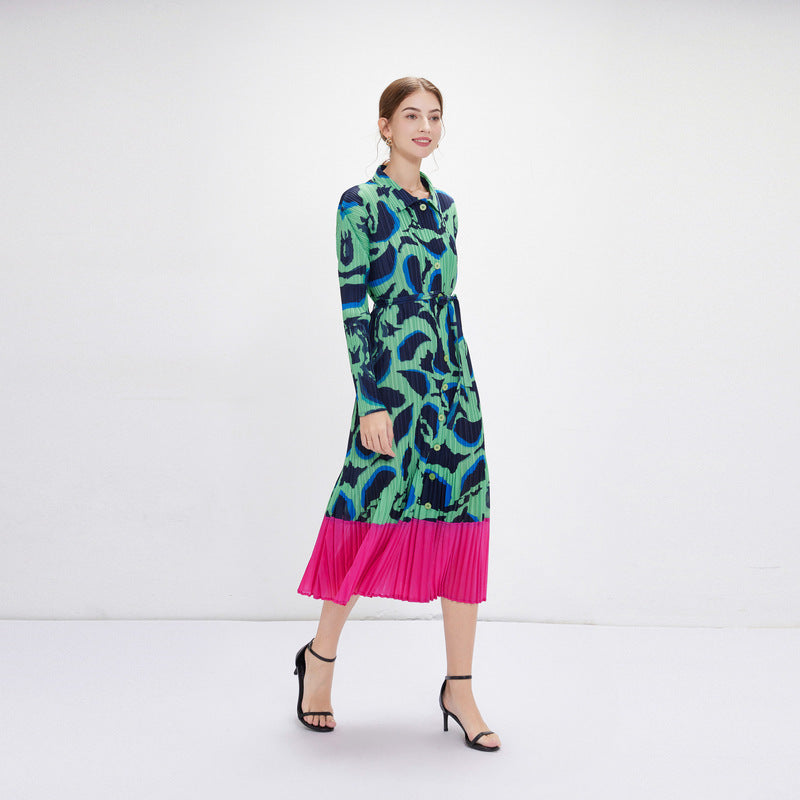 Green Floral Print Maxi Pleated Dress