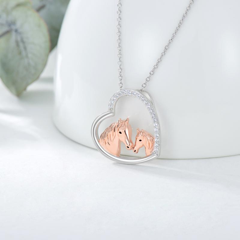 Mama and Baby Horse 925 Sterling Silver Heart Mother Daughter/Son Necklace for Women