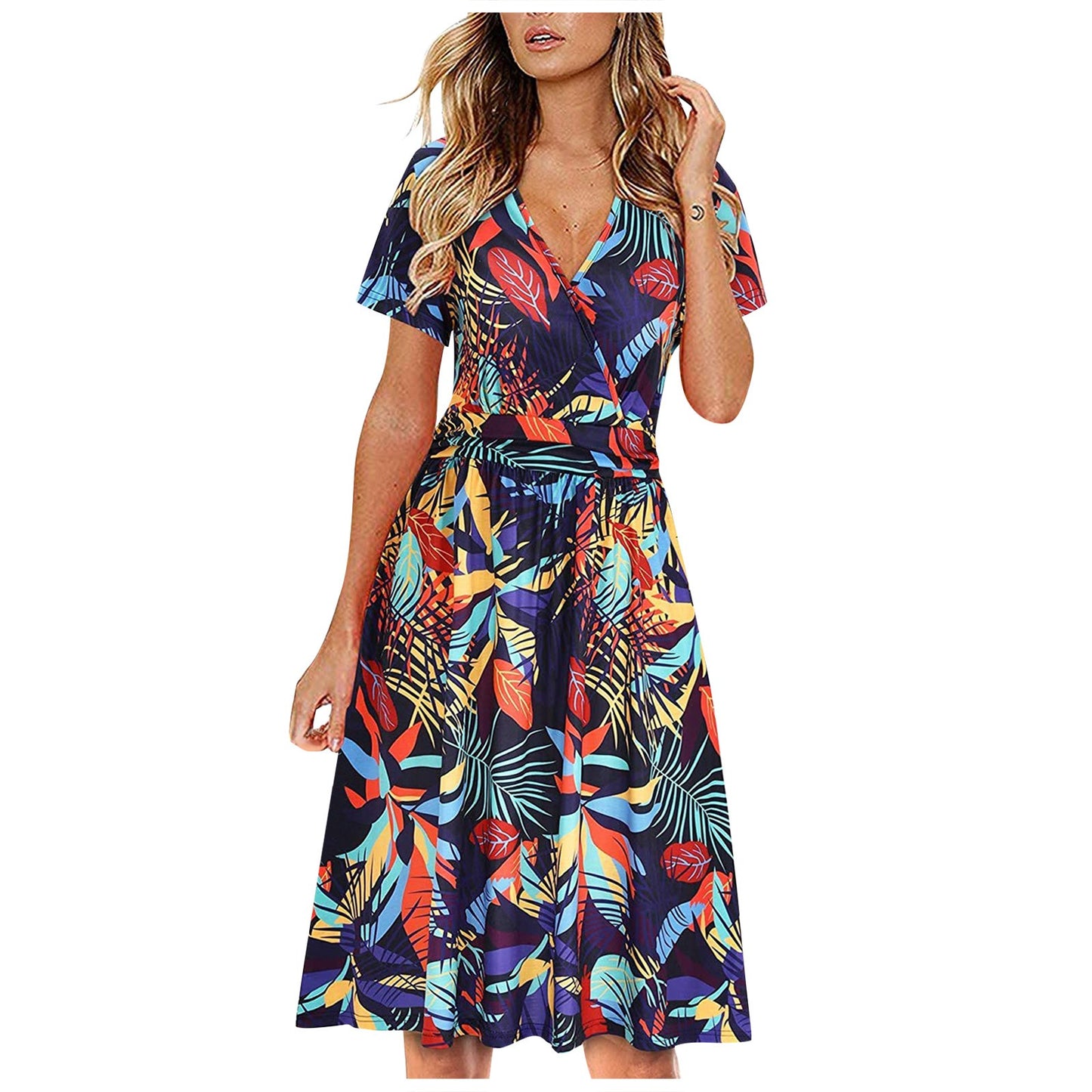 Tropics Printed V-neck Wrapped Chest Short Sleeve Pocket Mid Dress