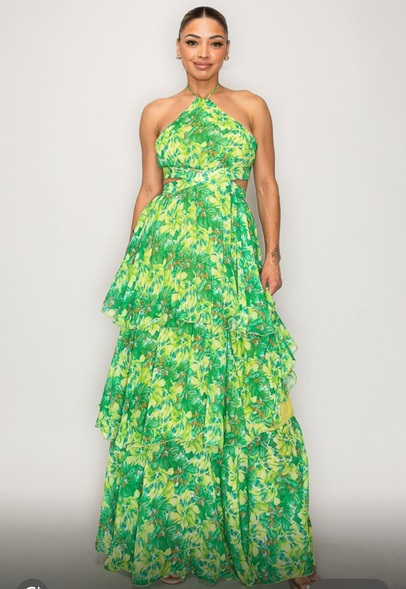 Elizabeth Green Floral Layered Resort Maxi Dress Summer