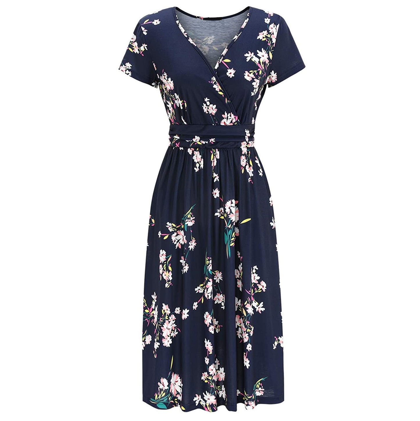 Tropics Printed V-neck Wrapped Chest Short Sleeve Pocket Mid Dress