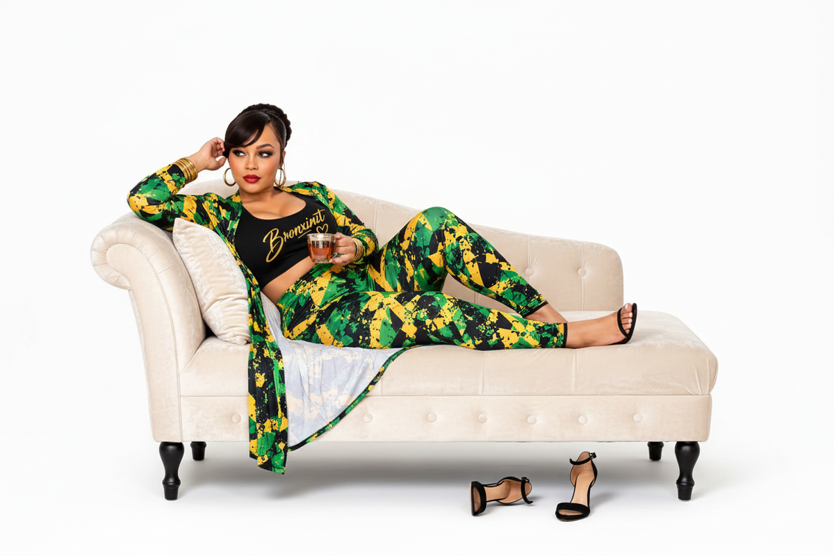 A woman reclining on a cream tufted chaise lounge wearing a matching green and yellow patterned blazer and pants set with a black top underneath. She holds a drink, and her black heels are placed on the floor beside the chaise against a clean white studio background.