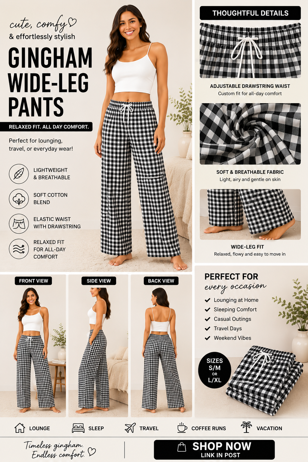 Women’s Gingham Wide Leg Pants – Plaid Drawstring Casual Lounge Pants with Pockets, 6 Colors