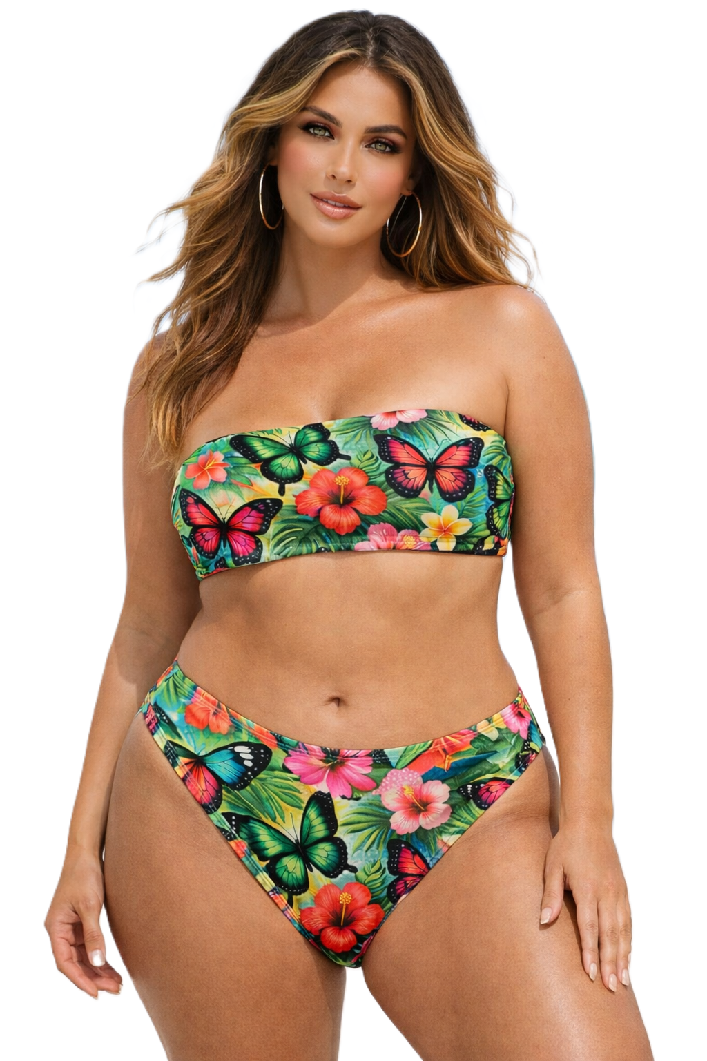 Tropical Butterfly Bandeau Bikini Set – Plus Size Friendly (2XS–6XL)