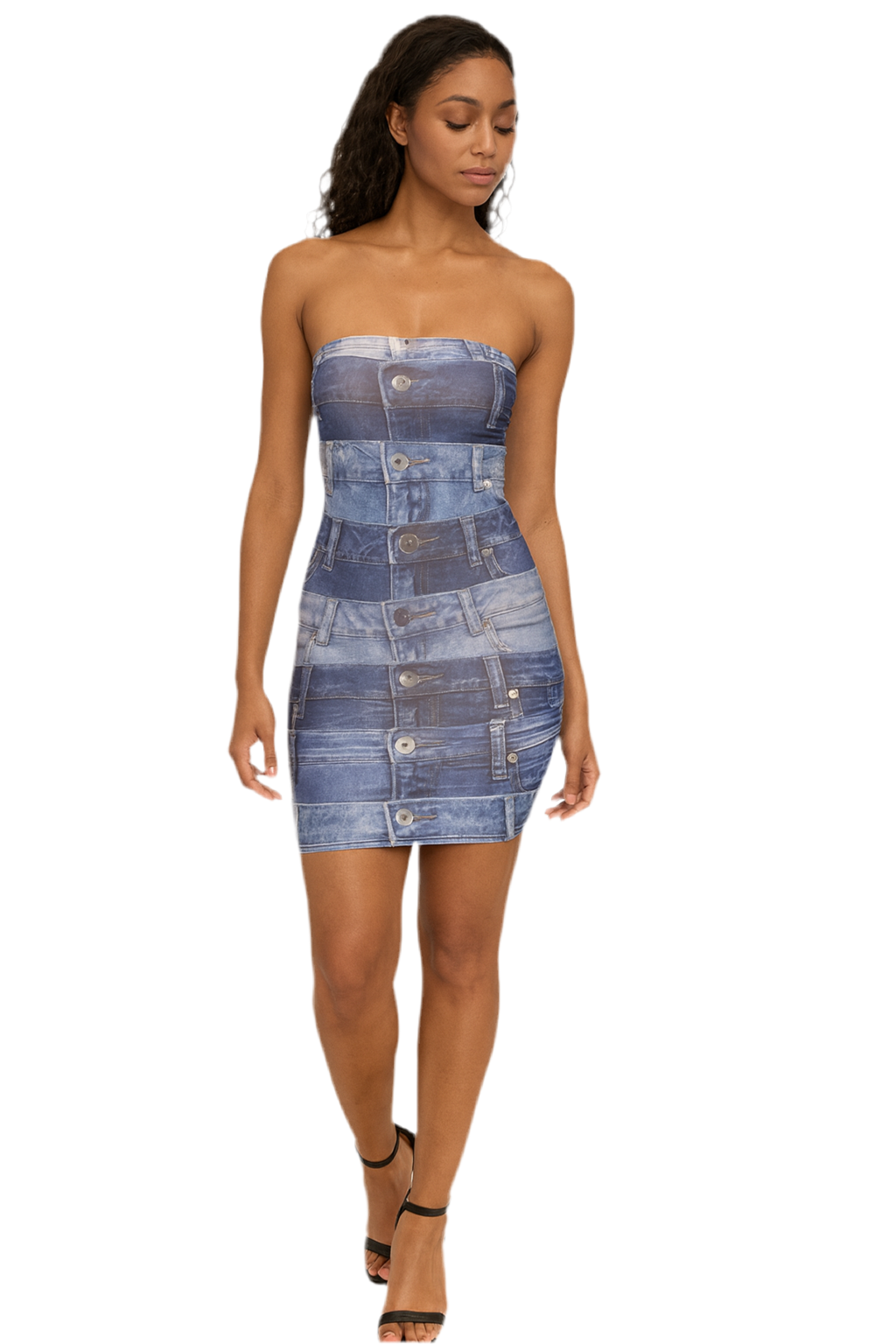 Women's Stunner Denim Print Slim Fit Tube Top Mini Dress