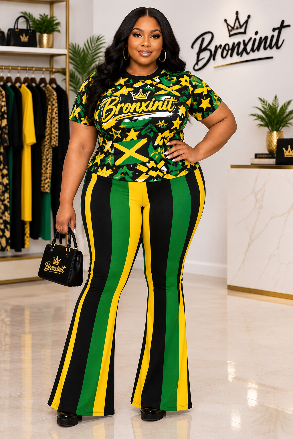 Jamaica Stipre Flare leggings on a Plus size Model