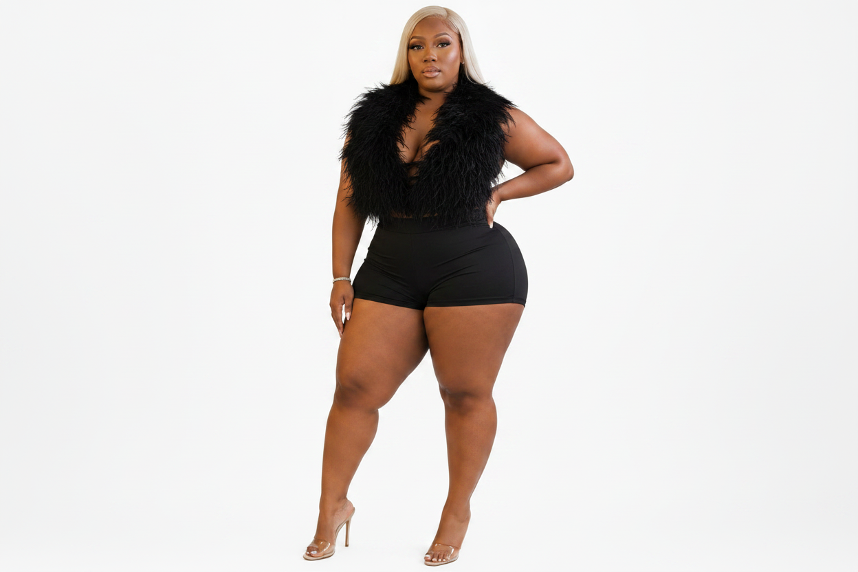Luxury Feather Trim Top and Shorts for Women – Black/White Glam Party Two Piece Outfit| Plus Size 2XL Statement Outfit