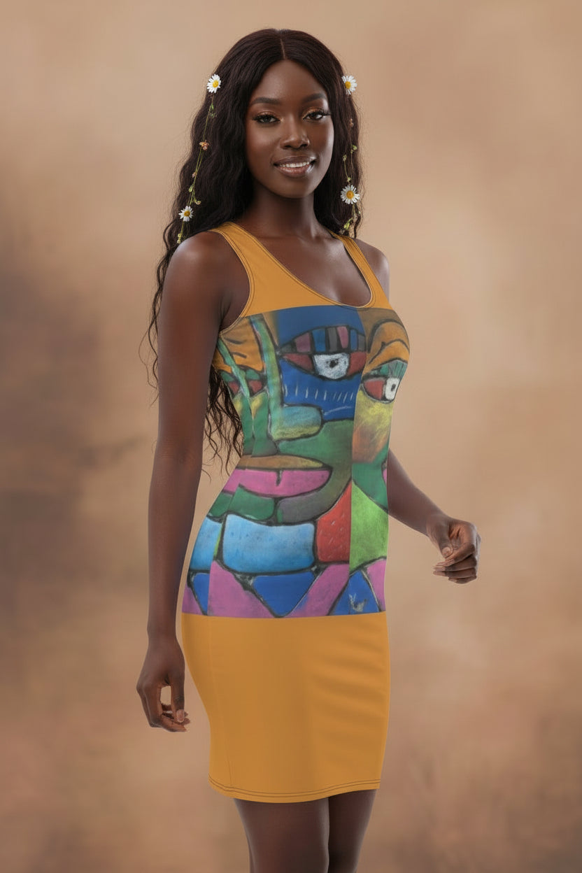 A woman modeling a sleeveless bodycon dress with a mustard yellow skirt and a colorful abstract face graphic across the bodice, set against a warm brown studio backdrop.