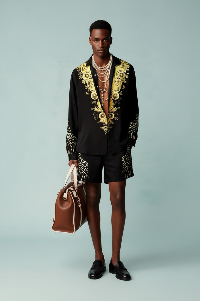Man wearing a black and gold embroidered outfit holding a brown leather bag on a light gray background