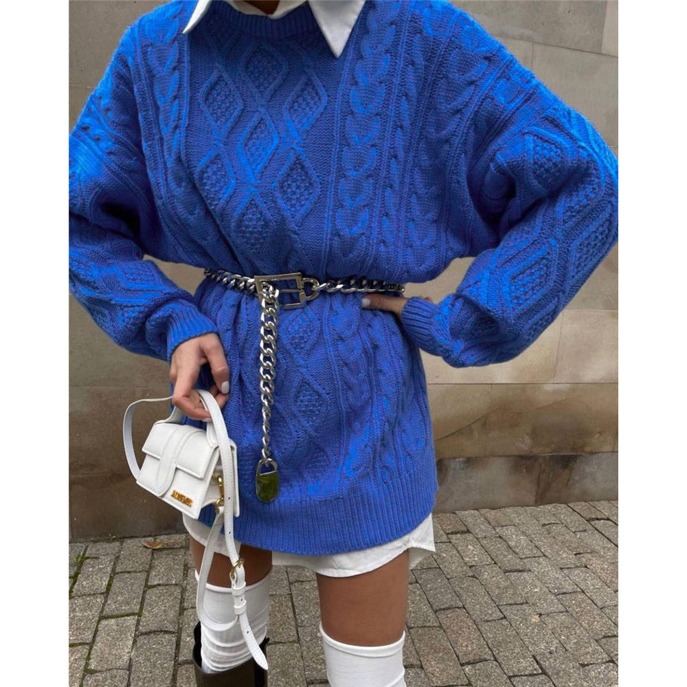 Cable Knit Long Sleeve Mini Sweater Dress, Loose Fit, Round Neck
