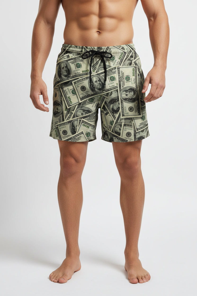 Bronxinit Men’s Money Print Retro Beach Shorts – Trendy Summer Resort Wear