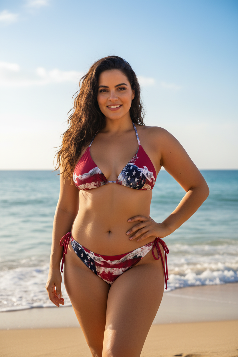 Woman wearing a patriotic bikini on a beach