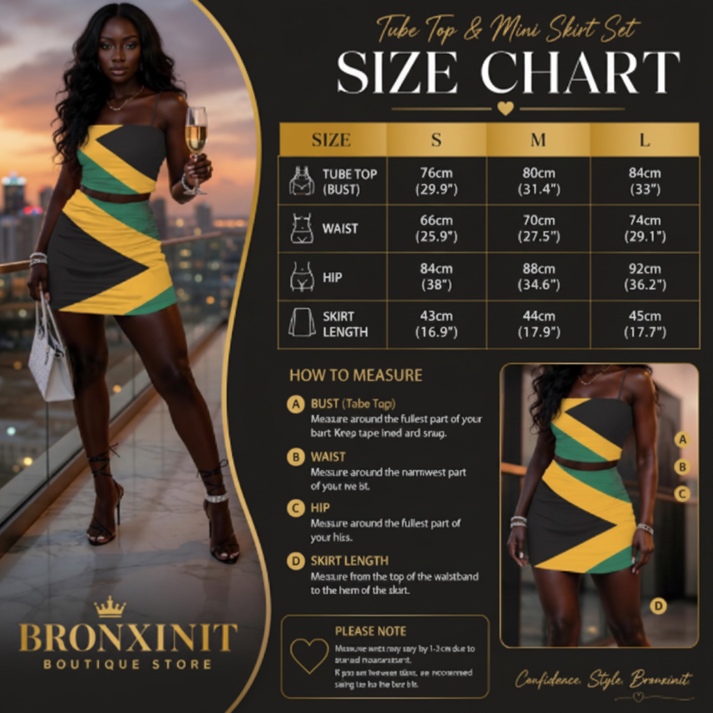 A size chart graphic for the Bronxint Tuba Top and Mini Skirt Set, featuring a model wearing the dress on the left, a size measurement table from S to L, a how-to-measure guide, and a diagram showing where to measure on the garment.