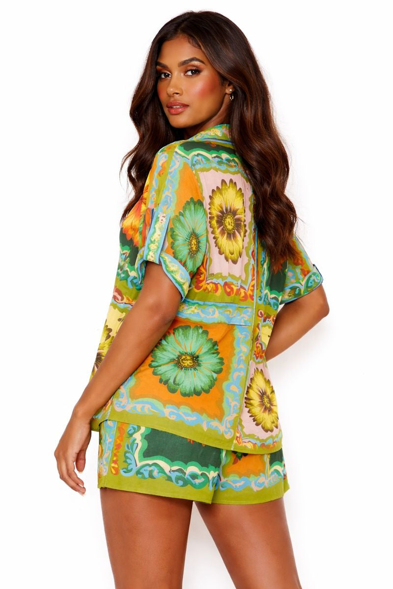 Tropical linen short set women’s two-piece outfit, breathable summer matching set