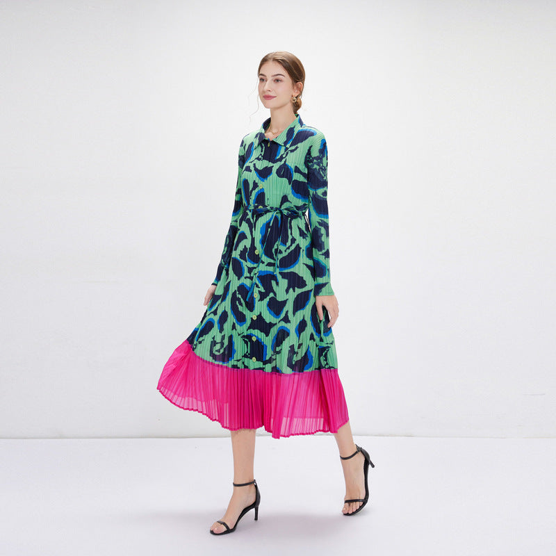 Green Floral Print Maxi Pleated Dress
