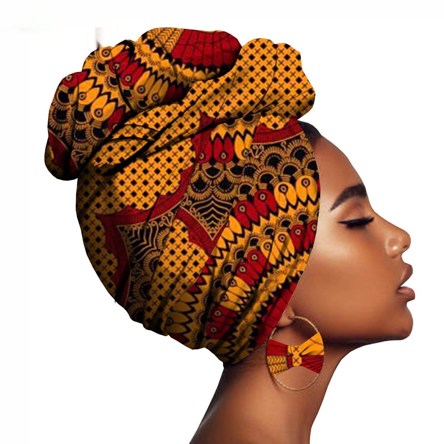 African Printed Batik Headscarf with Exaggerated Earrings