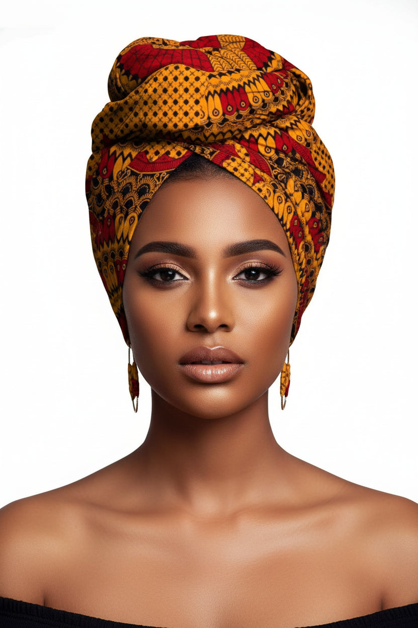 African Printed Batik Headscarf with Exaggerated Earrings