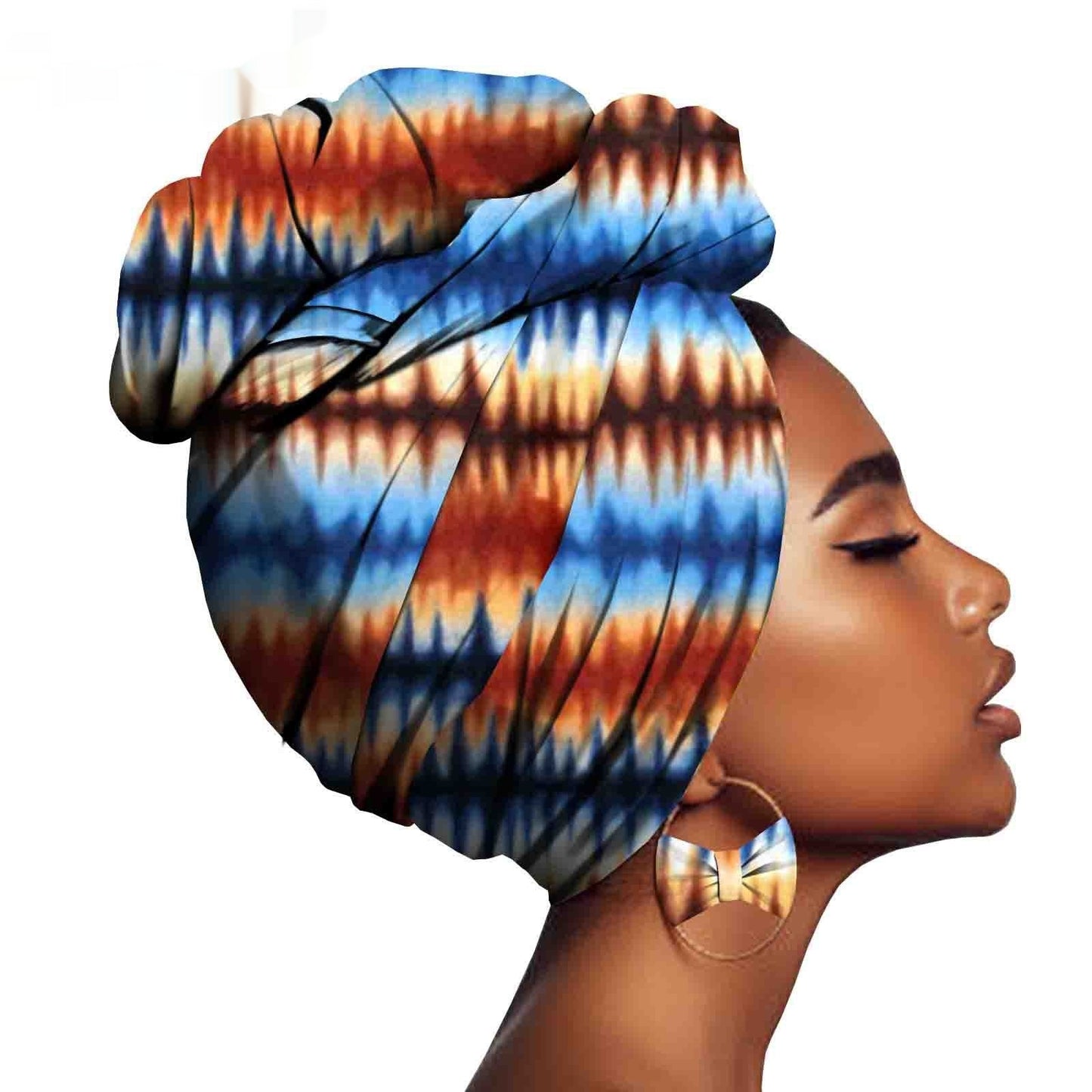 African Printed Batik Headscarf with Exaggerated Earrings