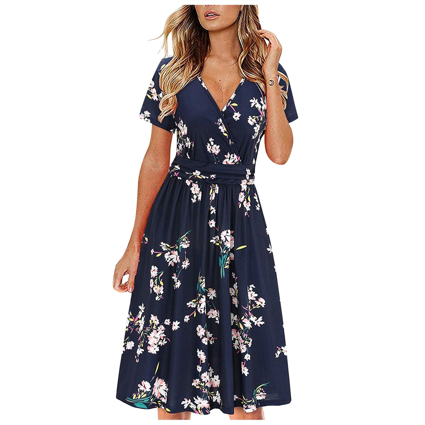 Tropics Printed V-neck Wrapped Chest Short Sleeve Pocket Mid Dress