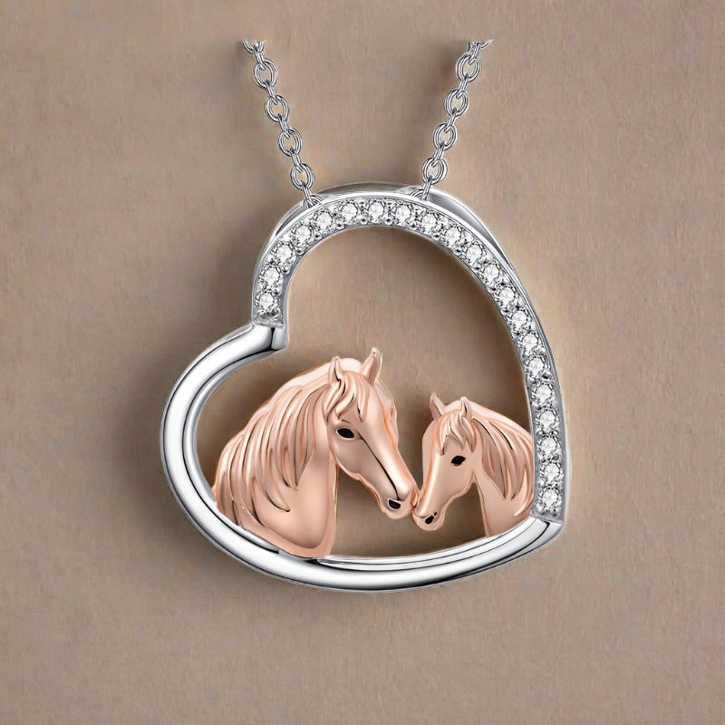 Mama and Baby Horse 925 Sterling Silver Heart Mother Daughter/Son Necklace for Women