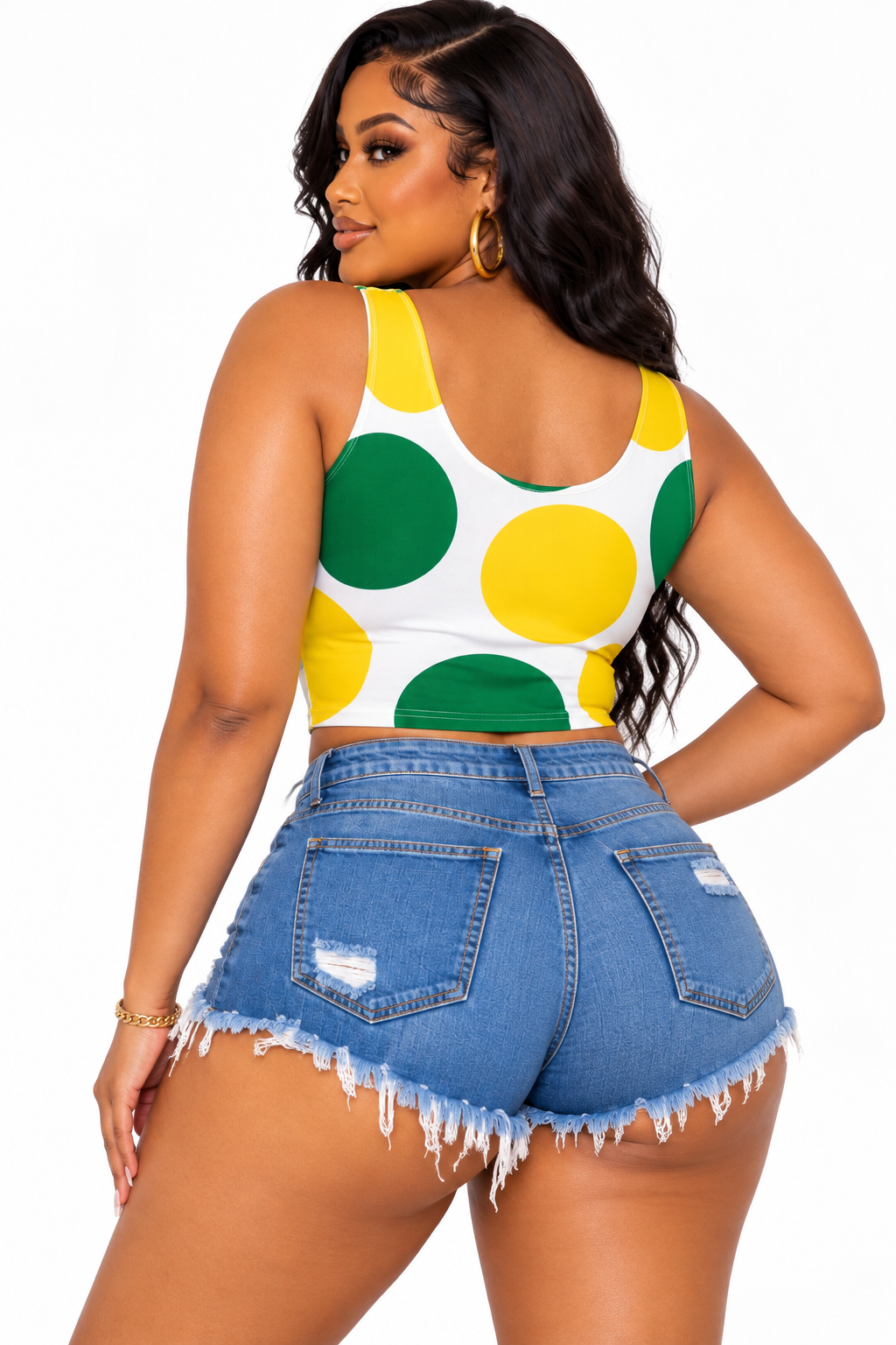 Jamaica Love Polka Dot Crop Top – Women's Green & Gold Sleeveless Tank Top | Jamaican Pride
