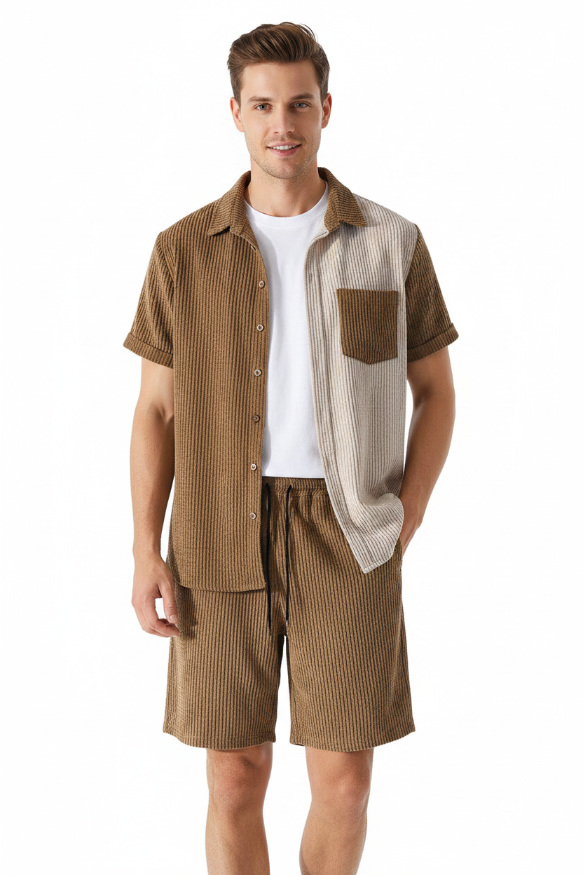 Bronxinit Sandstone Luxe Textured Short Set | Men’s Two-Piece Resort Shirt & Shorts Outfit