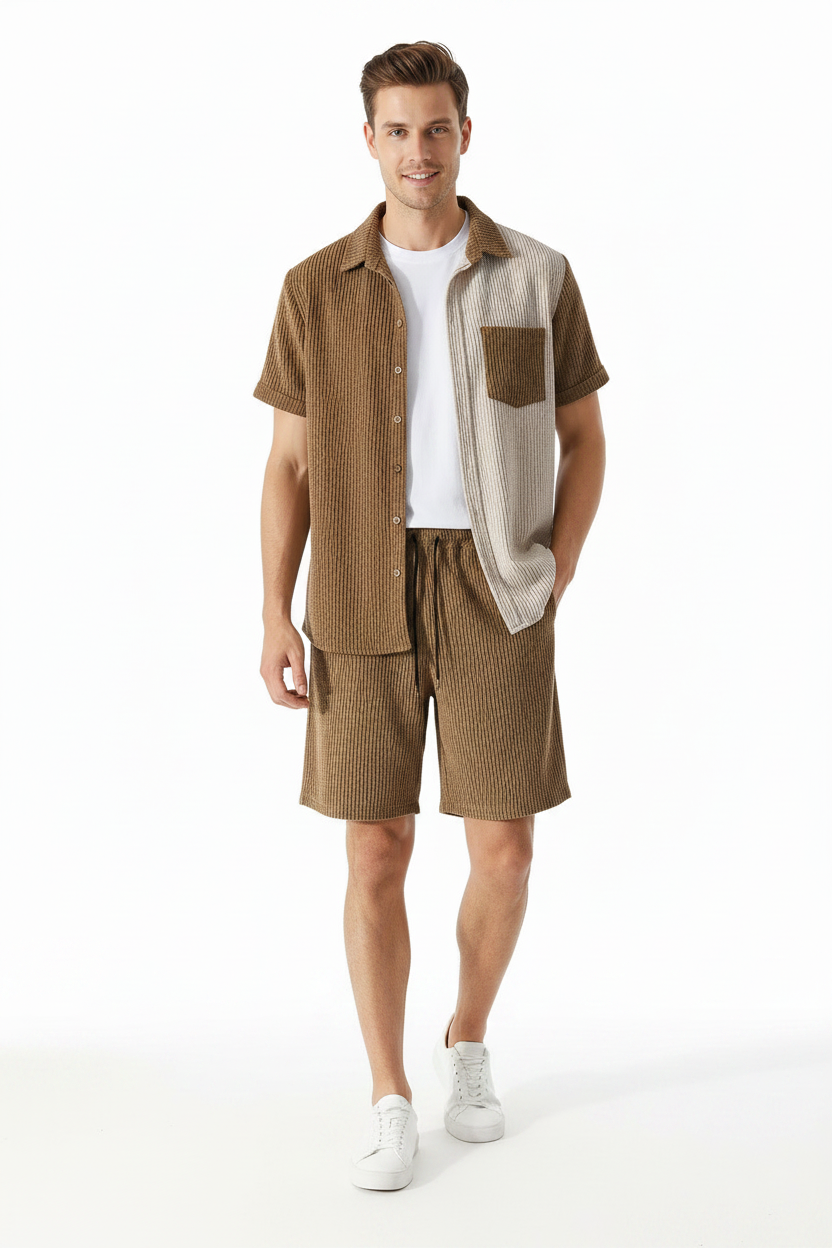 Bronxinit Sandstone Luxe Textured Short Set | Men’s Two-Piece Resort Shirt & Shorts Outfit