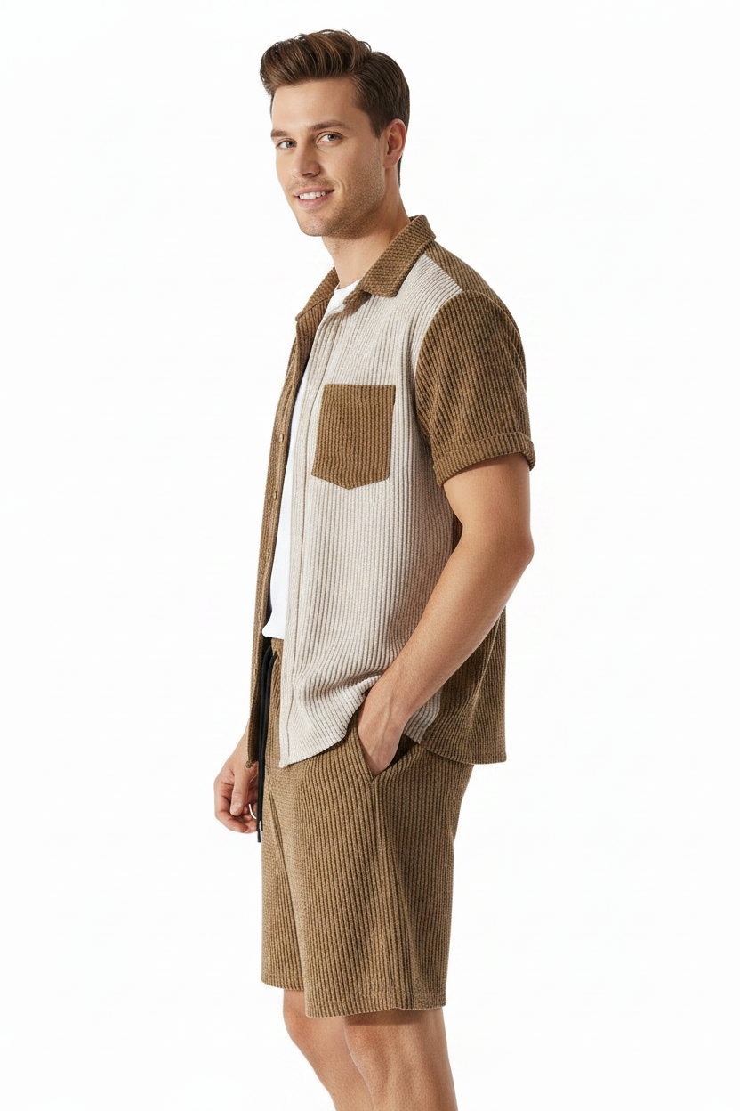 Bronxinit Sandstone Luxe Textured Short Set | Men’s Two-Piece Resort Shirt & Shorts Outfit