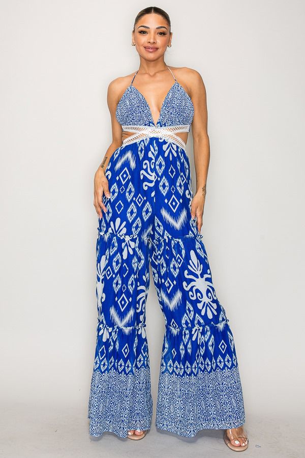 Island Sapphire Jumpsuit – Blue & White Halter Wide-Leg Resort Wear by Bronxinit Boutique