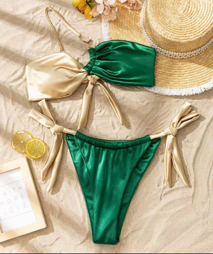 Luxe Two-Tone Satin Bikini Set, Emerald Green and Champagne