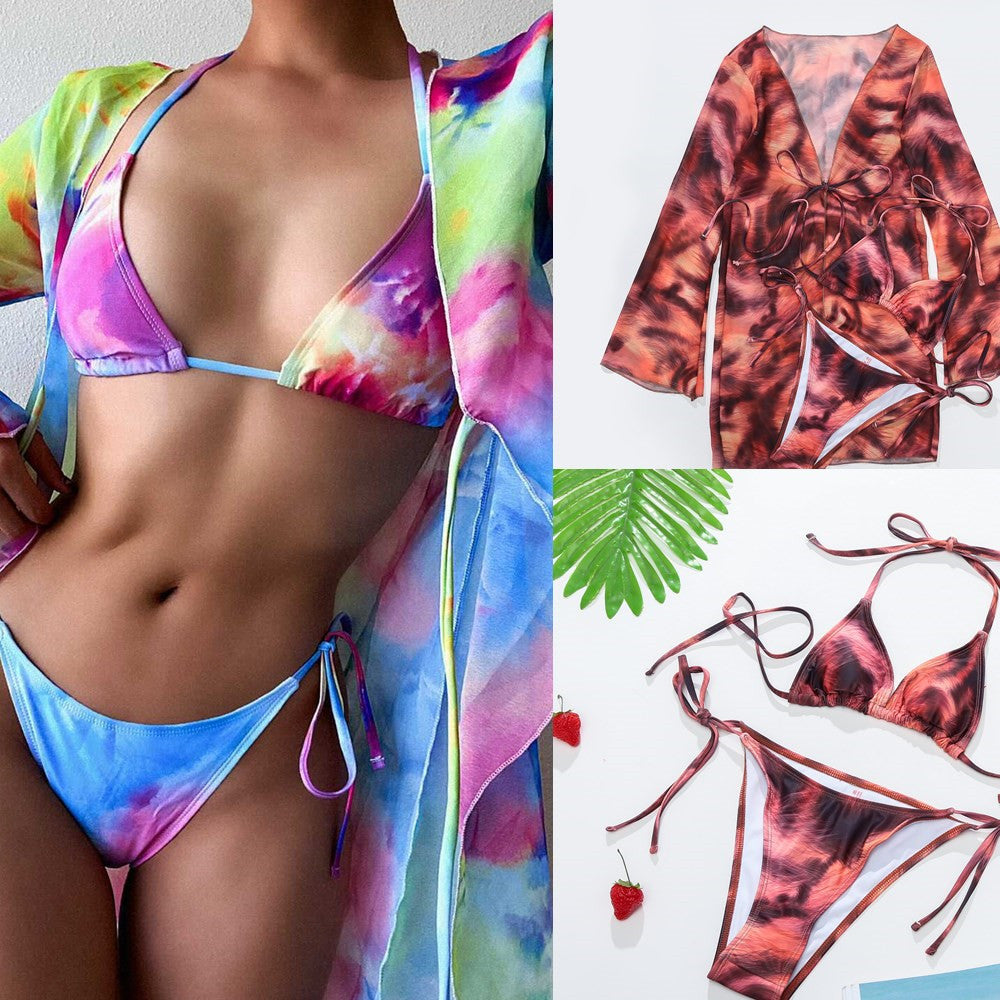 Sexy Tie-dye Print Blouse and Bikini