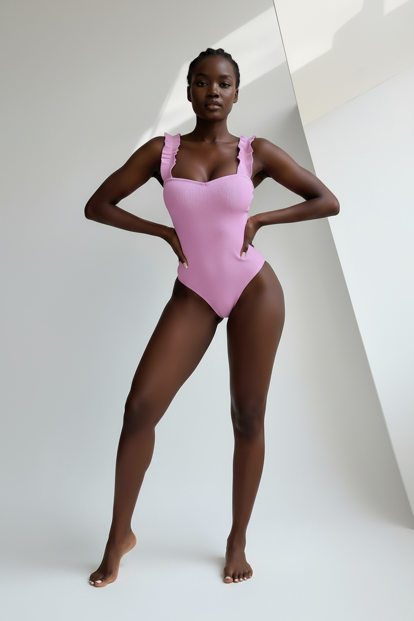 Person wearing a pink swimsuit against a neutral background