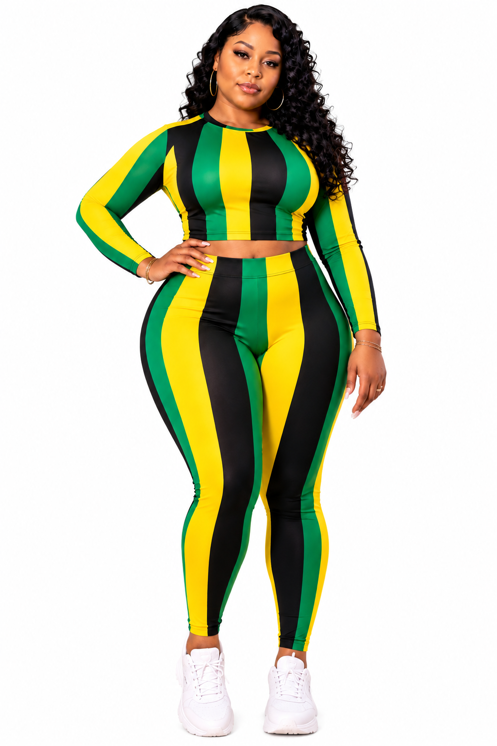 Jamaica Stripe Two Piece Set | Jamaican Outfit for Women | Green Gold Black Leggings & Long Sleeve Crop Top | Jamaica Pride Outfit