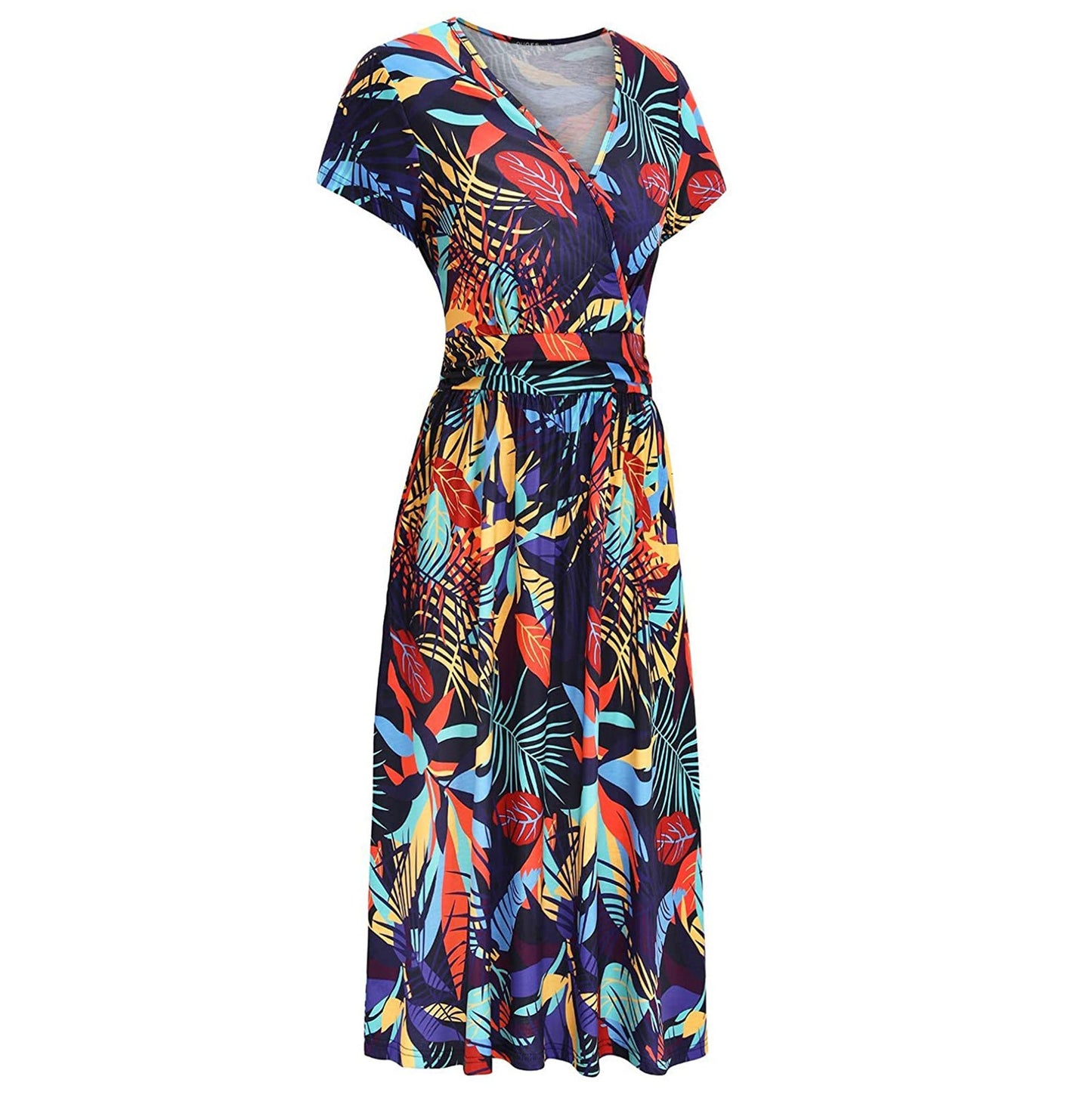 Tropics Printed V-neck Wrapped Chest Short Sleeve Pocket  Mid Dress