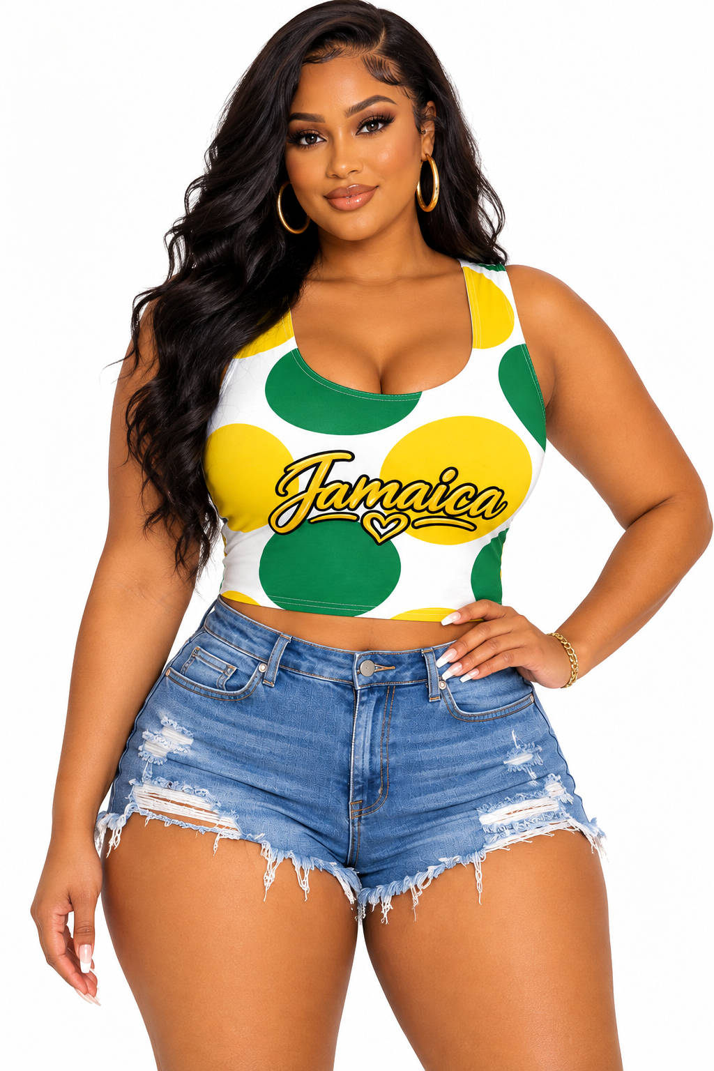 Jamaica Love Polka Dot Crop Top – Women's Green & Gold Sleeveless Tank Top | Jamaican Pride