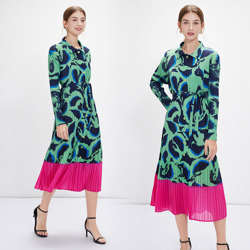 Green Floral  Print  Maxi Pleated Dress