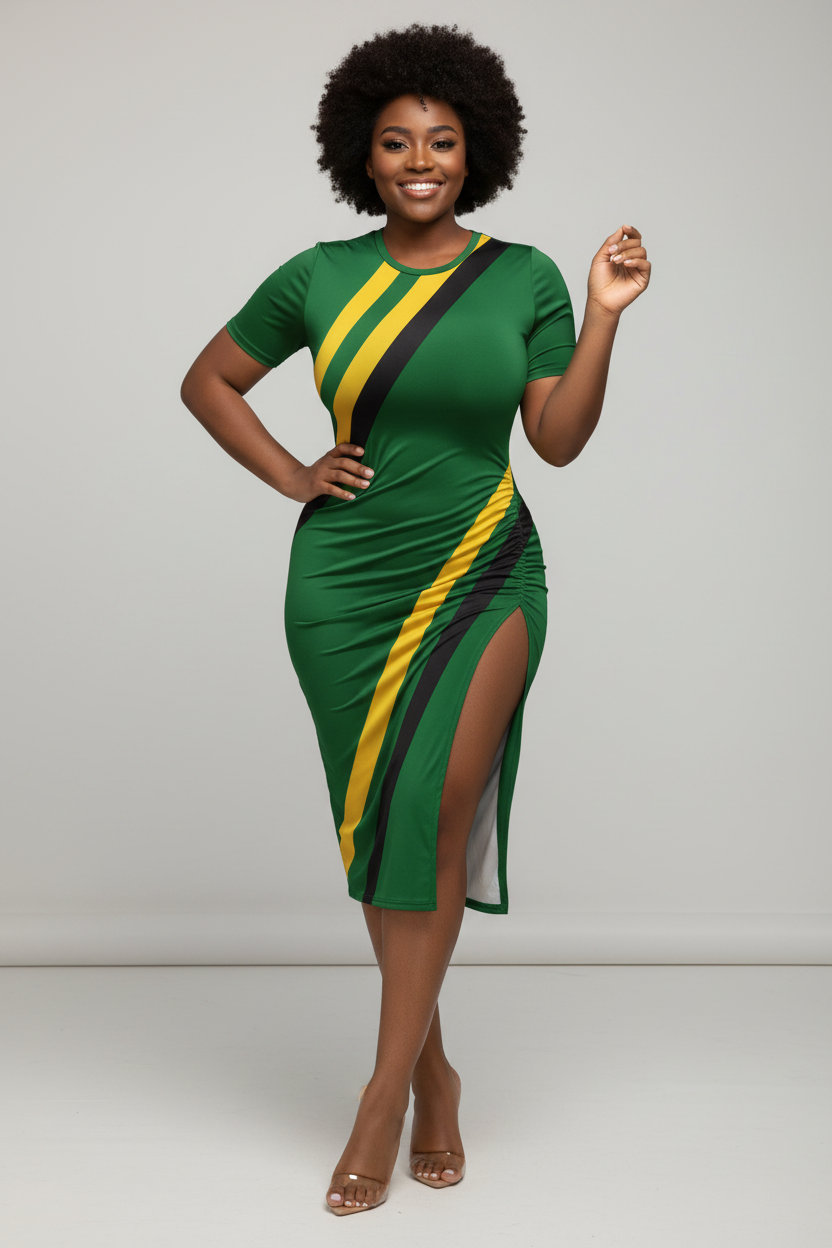 Jamaica Flag Colors Bodycon High Slit Dress