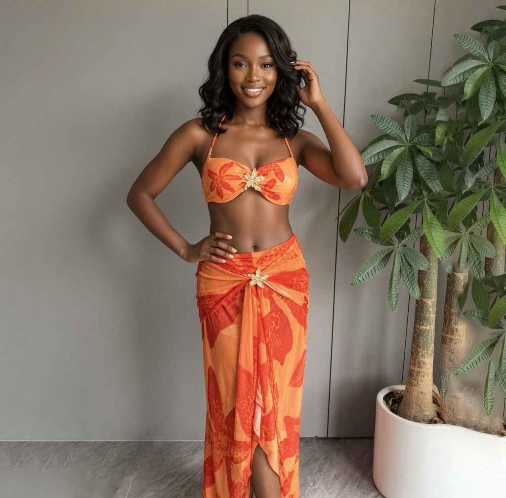 Sunburst Starfish Three-Piece Bikini and Skirt Set.