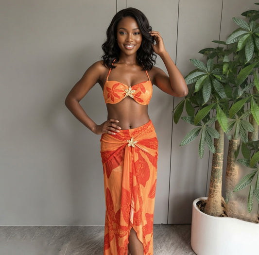 Sunburst Starfish Three-Piece Bikini and Skirt Set.