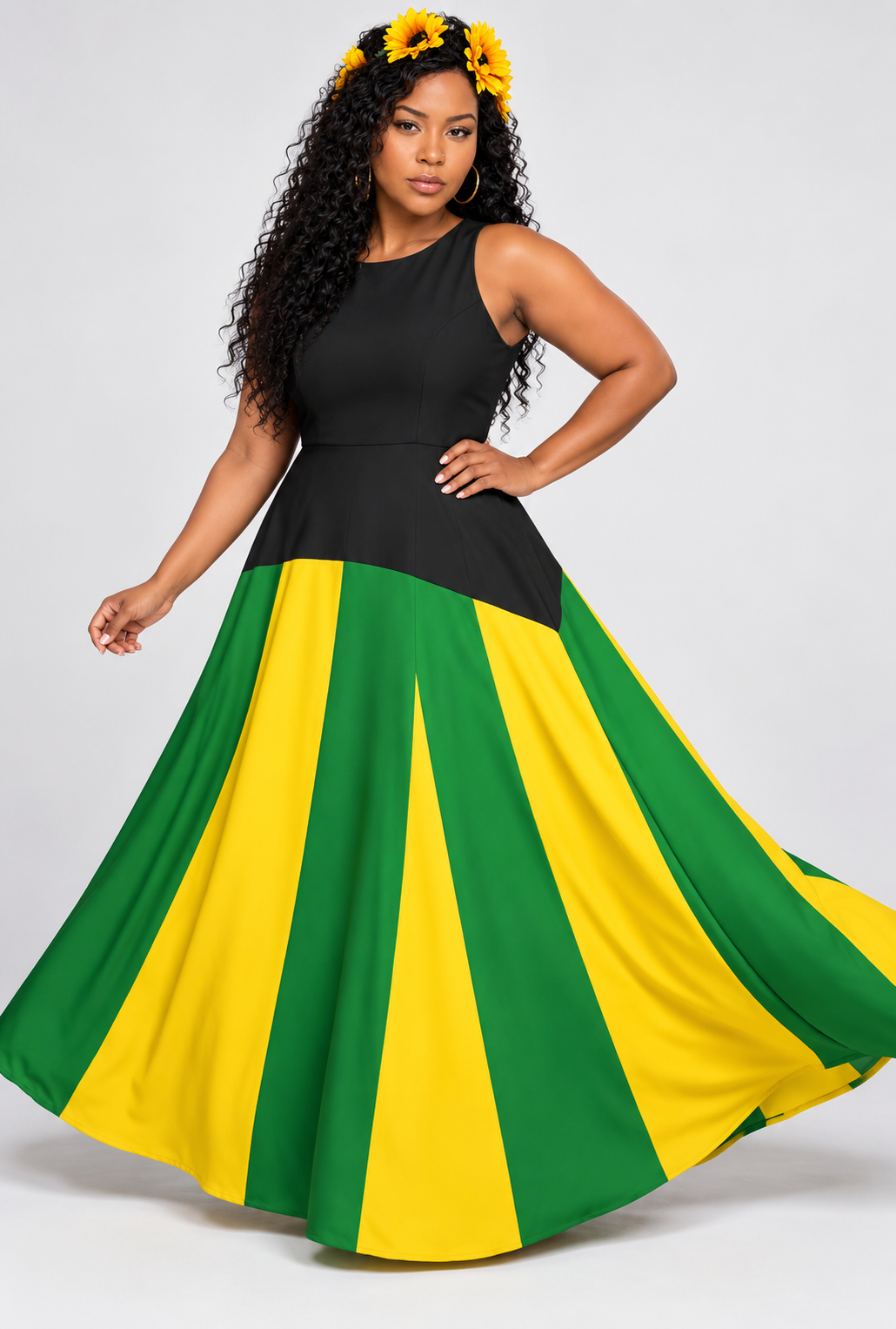 Jamaican Flag Colorblock Maxi Dress | Sleeveless Fit and Flare Gown