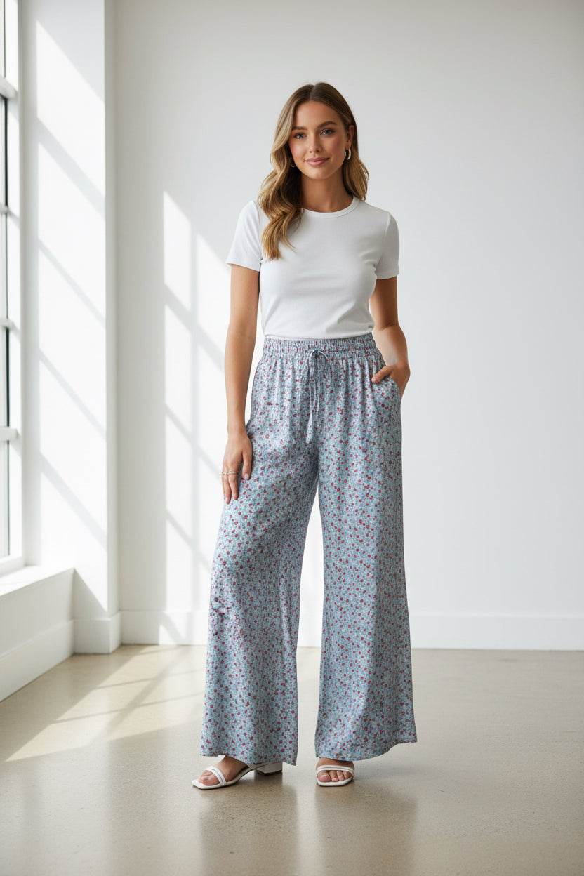 Women Floral Lightweight Wide Leg Pants With Elastic Waist, Drawstring and Pockets