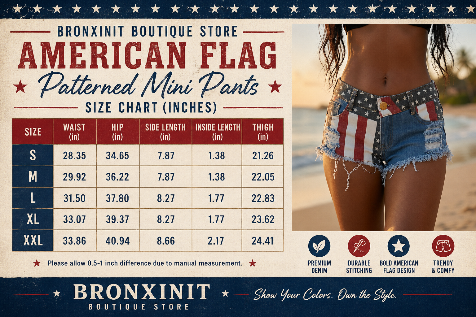 Size chart for American flag patterned mini pants with a model wearing the pants on a beach.
