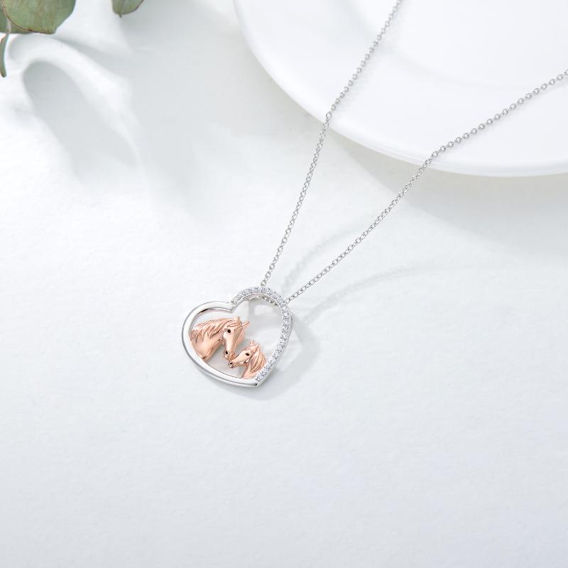 Mama and Baby Horse 925 Sterling Silver  Heart Mother Daughter/Son Necklace for Women