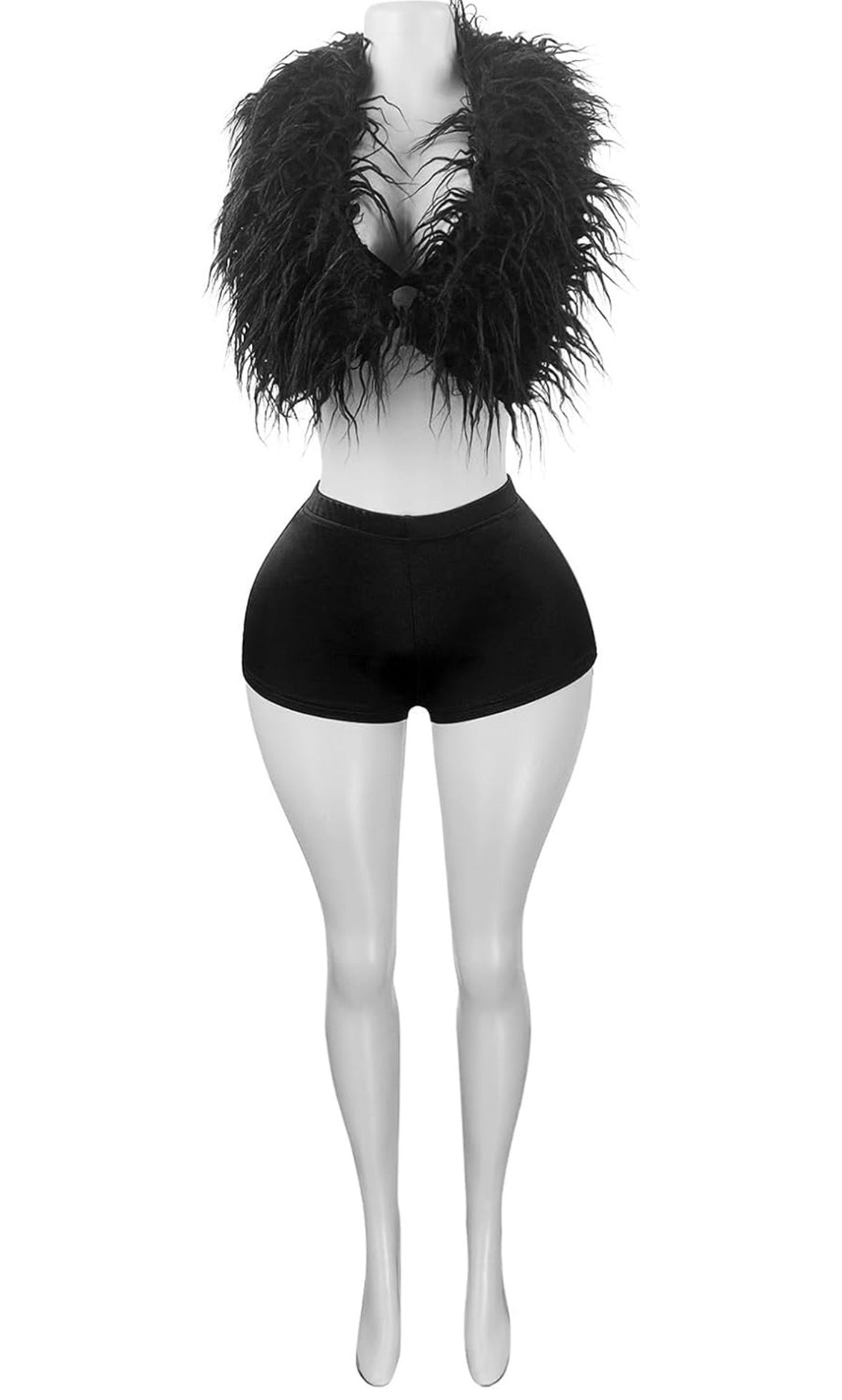 Luxury Feather Trim Top and Shorts for Women – Black/White Glam Party Two Piece Outfit| Plus Size 2XL Statement Outfit