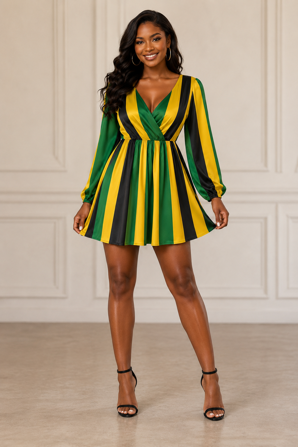 Jamaican Flag Mini Dress – Black, Green, Gold Long Sleeve Party Outfit