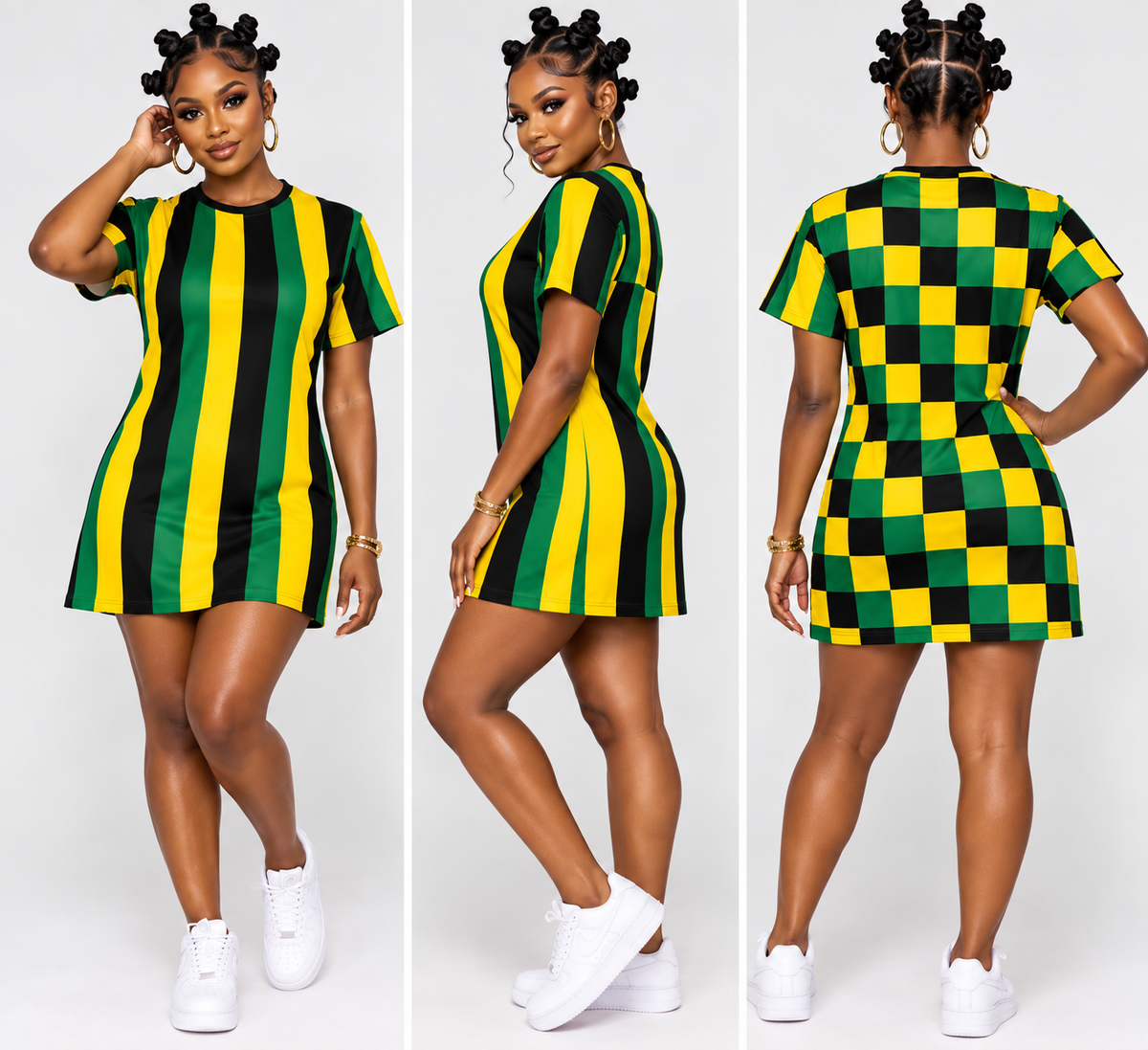 Jamaica Yard Vibes Stripe & Check Cotton Mini T-shirt Dress 🇯🇲